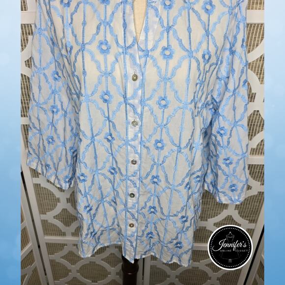 Ruby Rd. Blue & White Embroidered Trellis Pattern Button Front Blouse Size XL - Picture 7 of 14